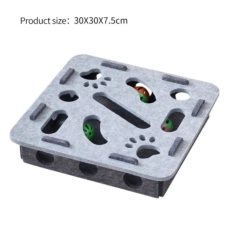 KittyNook Cat Co.'s Interactive Felt Cat Maze Puzzle Box: gray, 30x30x7.5 cm; fun feline enrichment with paw cutouts.