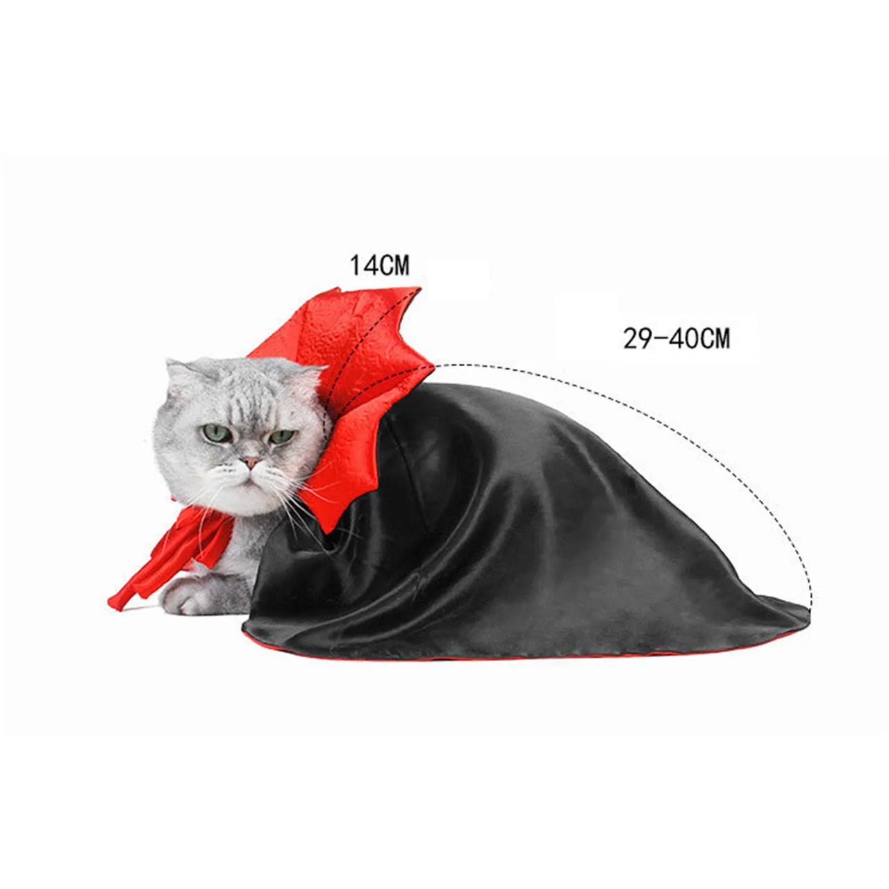 Grumpy gray cat wears the KittyNook Cat Co. Cute Halloween Cat Costume cape, with back and neck dimensions shown.