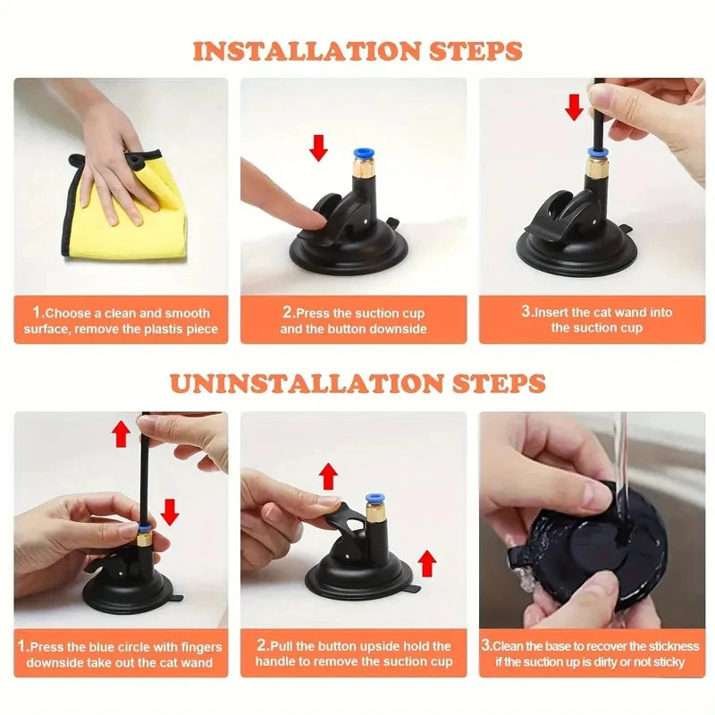 Six-step photo guide for installing or removing the suction cup on KittyNook's Ultimate Cat Teaser Toy with Bell & Feather.