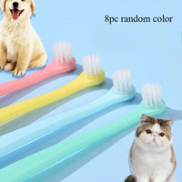 Thumbnail for Four KittyNook Cat Co. Kitty Clean Micro Head Dental Brushes, 8pc random color, with a puppy and cat on blue background.