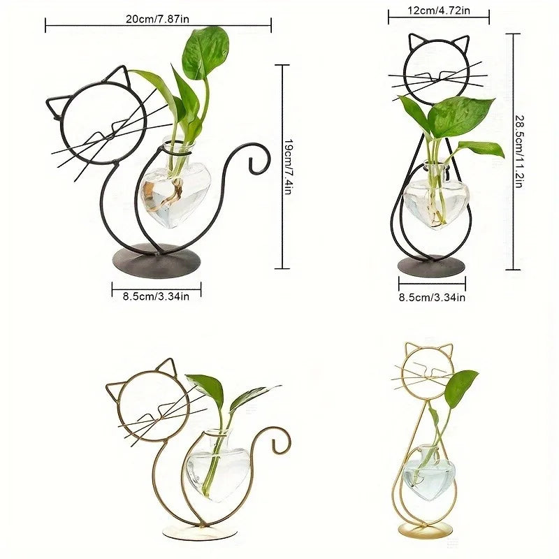 Set of four Modern Cat Iron Hydroponic Decor planters by KittyNook Cat Co.—stylish minimalist holders for your plants.