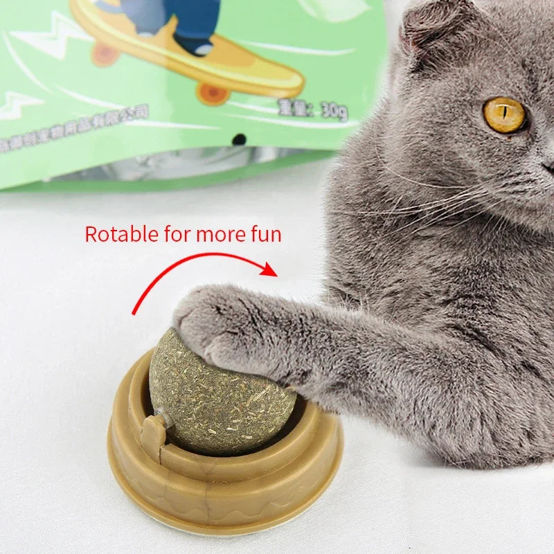 A gray cat touches a KittyNook Cat Co. Stick-On Natural Catnip Ball for Cats with a package in the background.