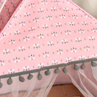 Thumbnail for Close-up of the Serene Petal Semi-Enclosed Indoor Cat Tent by KittyNook Cat Co., featuring a pink floral design and mesh drape.