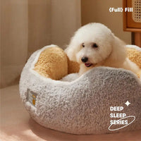 Thumbnail for White fluffy dog in a Warm & Soft Cat Sleeping Pod by KittyNook Cat Co. Text: 