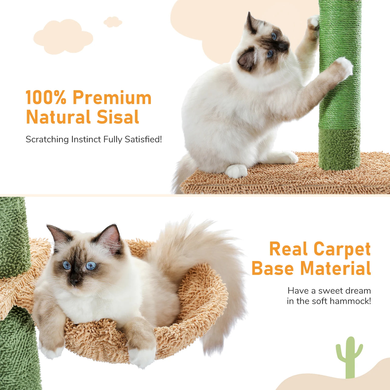 Two cats enjoy the KittyNook Cat Co. Stylish Cat Climbing Tower—one scratches, the other lounges in the hammock.