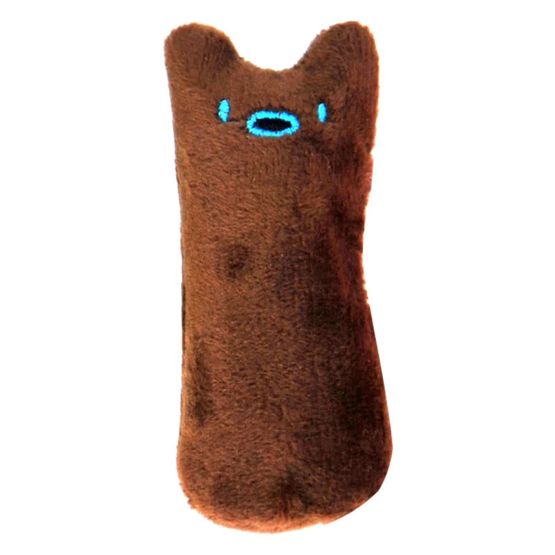 The KittyNook Cat Co. Safe Catnip Chew Toy is a plush brown cat with blue eyes, perfect for cat dental health.