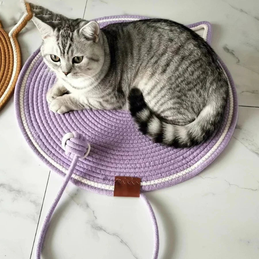 Gray tabby cat on a KittyNook Cat Co. Tails Cat Scratching Mat, a round purple, cat-shaped mat with an attached tail design.