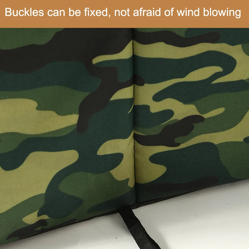 Close-up of PurrFort Waterproof Outdoor Cat Cave by KittyNook Cat Co.—secure buckles, windproof green camo fabric.