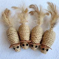 Thumbnail for KittyNook Cat Co. Sisal Fake Mouse Cat Toys: set of 4 rope mice with felt ears, black eyes, and feather tails.