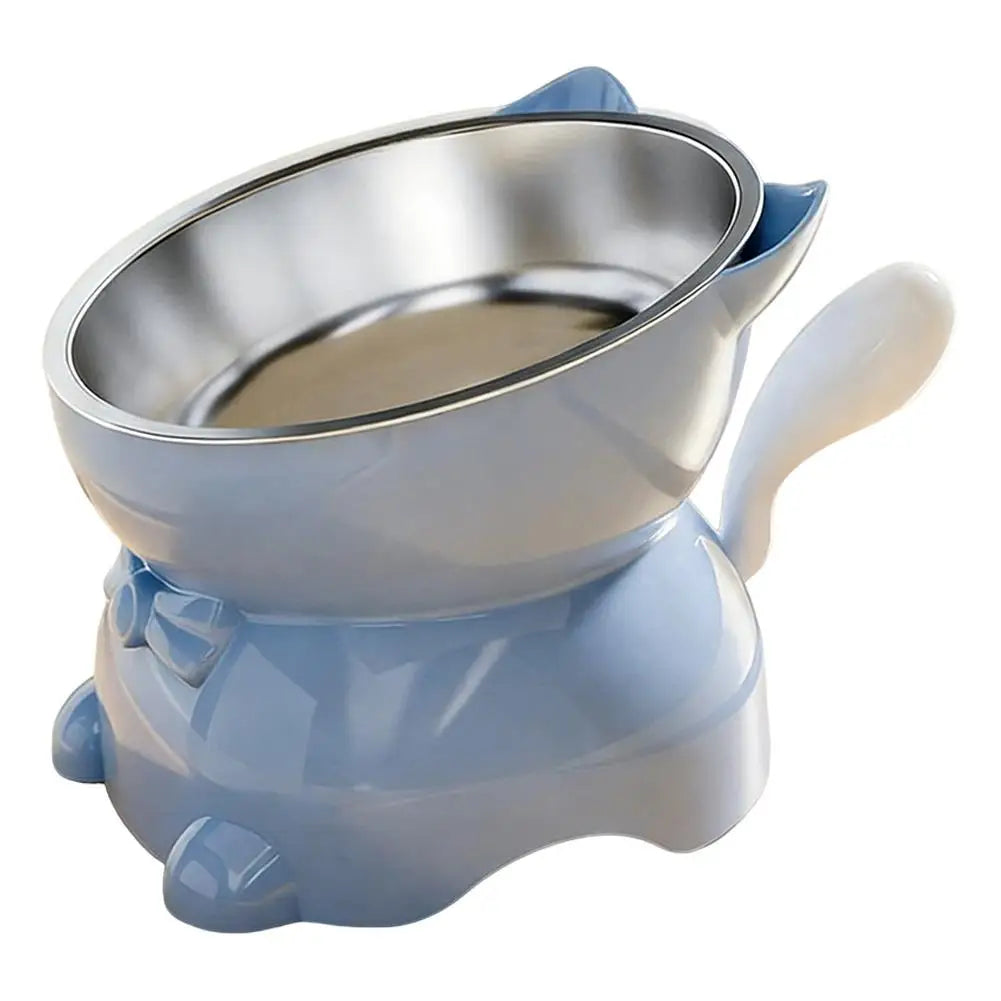 Blue KittyNook Cat Co. Elevated Cat Food Bowl with Cute Ear Stand, featuring a removable stainless steel insert.