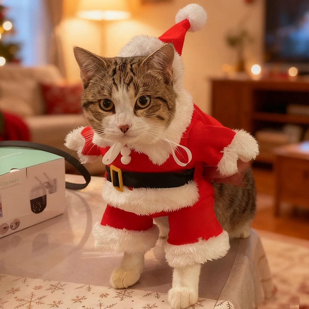 A tabby cat wears KittyNook Cat Co. Christmas Outfits, standing on a table in a cozy, warmly lit living room.
