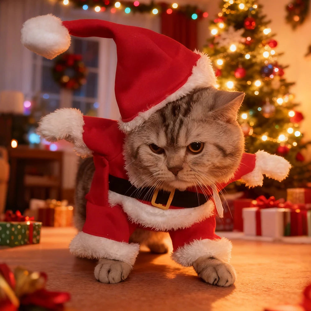 A grumpy cat in Christmas Outfits for Stylish Cats by KittyNook Cat Co. stands near lights and a festive tree.