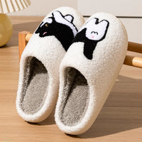 Thumbnail for KittyNook Cat Co. CozyPaws Cute Cat House Slippers: fuzzy white, gray-lined, anti-slip with cat designs.