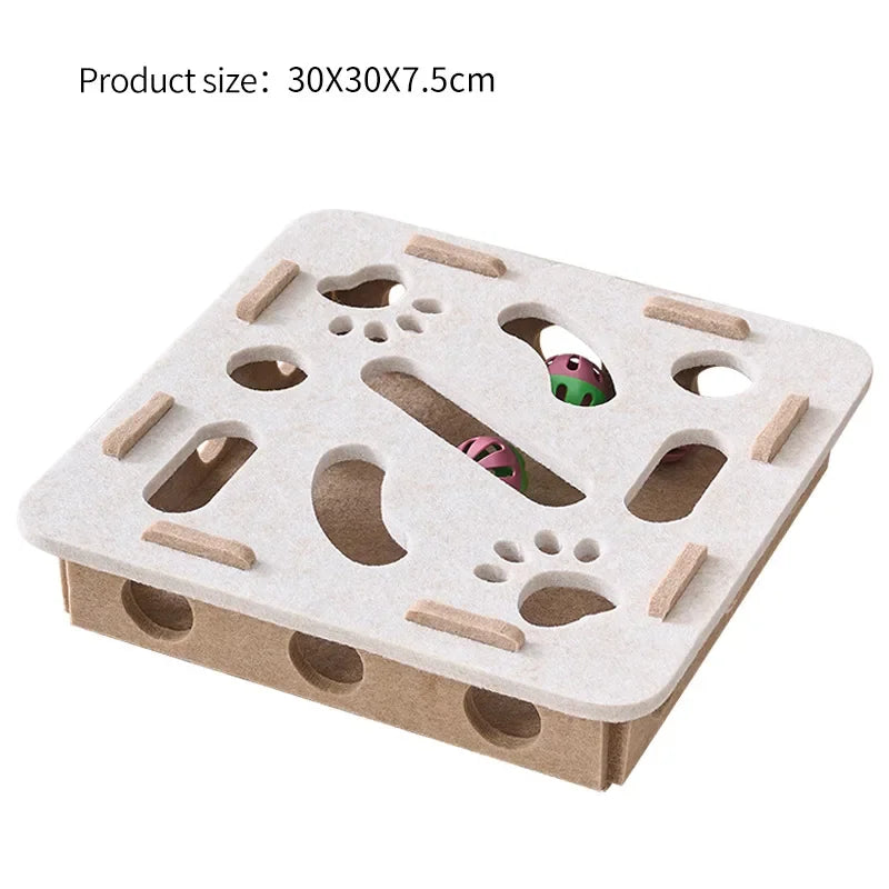 KittyNook Cat Co. Interactive Felt Cat Maze Puzzle Box, 30x30x7.5 cm, with paw holes and two balls for feline play.