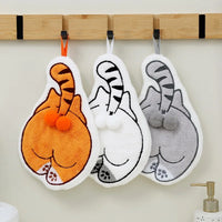 Thumbnail for Three orange, white, and gray Cartoon Cat Hanging Hand Towels on a wooden wall rack.