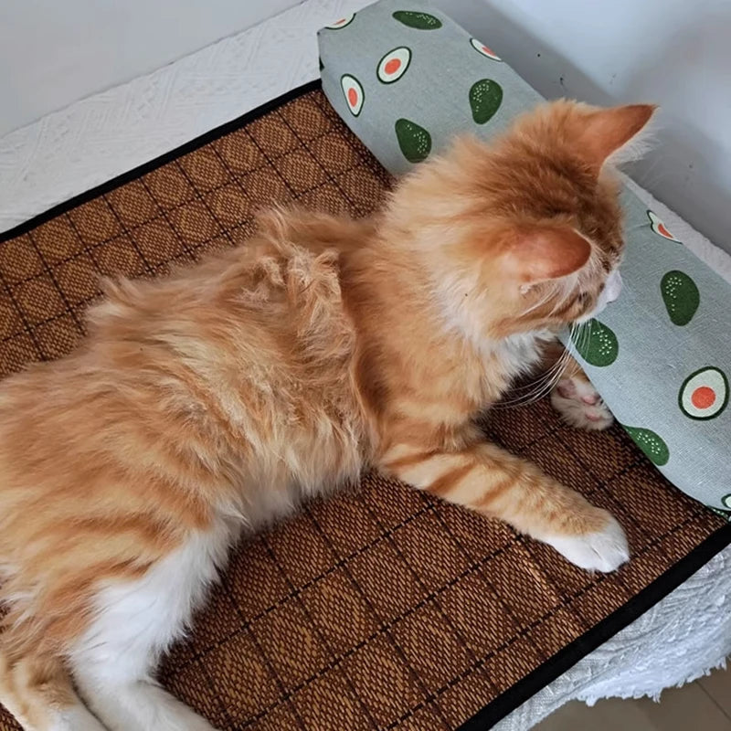 Orange tabby cat rests on a KittyNook Cat Co. Natural Rattan Cat Sleeping Mat, head on an avocado-patterned pillow.