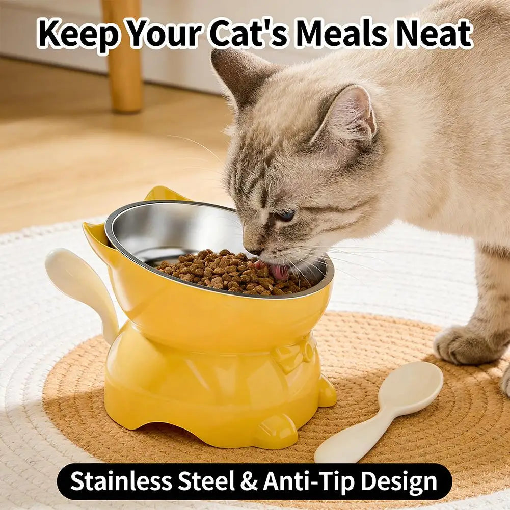 A cat eats from a yellow, cat-shaped Elevated Cat Food Bowl with Cute Ear Stand, featuring a stainless steel insert.