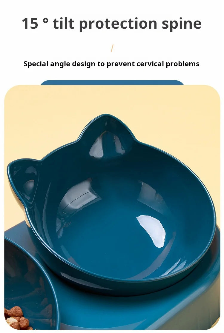 KittyNook Cat Co. Cute 3 In 1 Cats Bowls With Water Feeder: Blue cat bowl with a 15° tilt to help prevent cervical issues.