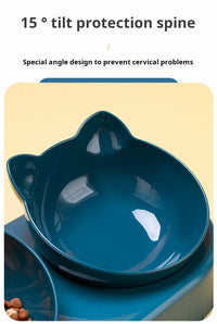 Thumbnail for KittyNook Cat Co. Cute 3 In 1 Cats Bowls With Water Feeder: Blue cat bowl with a 15° tilt to help prevent cervical issues.