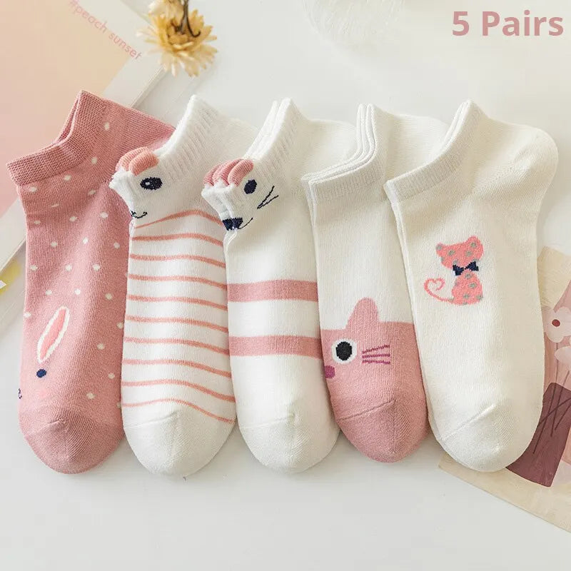 KittyNook Cat Co. Sweet Kitty Pink Short Tube Socks—5 cute, comfy pairs with animal and stripe designs for daily wear.