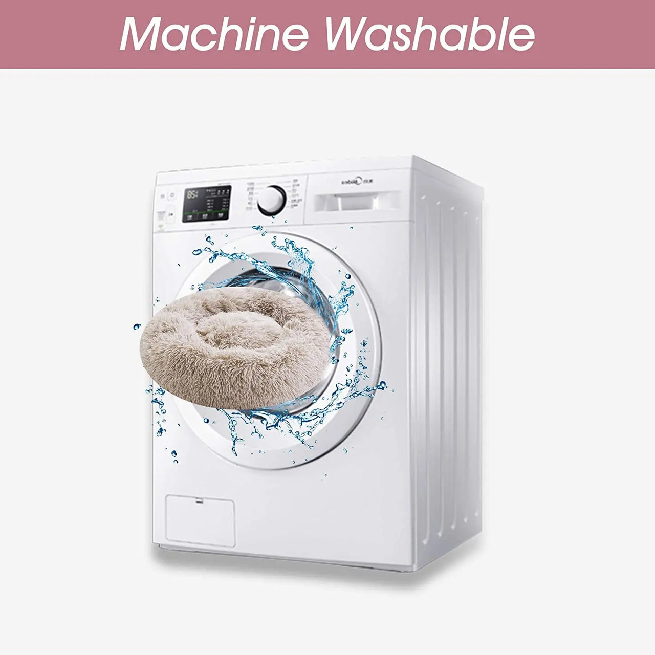 The Warm & Soft Cat Sleeping Pod by KittyNook Cat Co. sits in an open washer, with "Machine Washable" above.