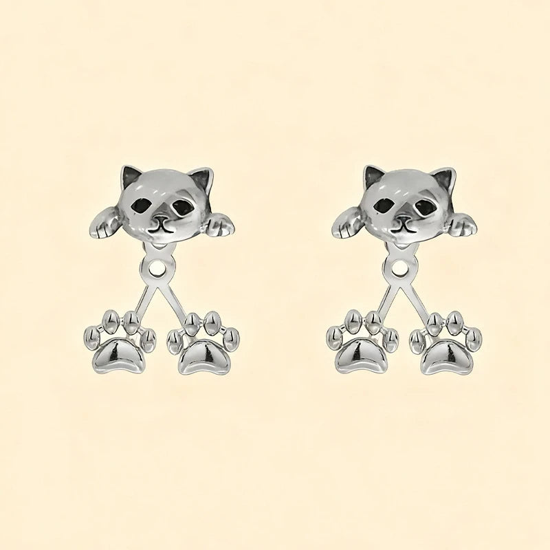 KittyNook Cat Co. Vintage Silver Cat Back-Hanging Earrings with kitten silhouette and dangling paws.