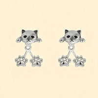 Thumbnail for KittyNook Cat Co. Vintage Silver Cat Back-Hanging Earrings with kitten silhouette and dangling paws.
