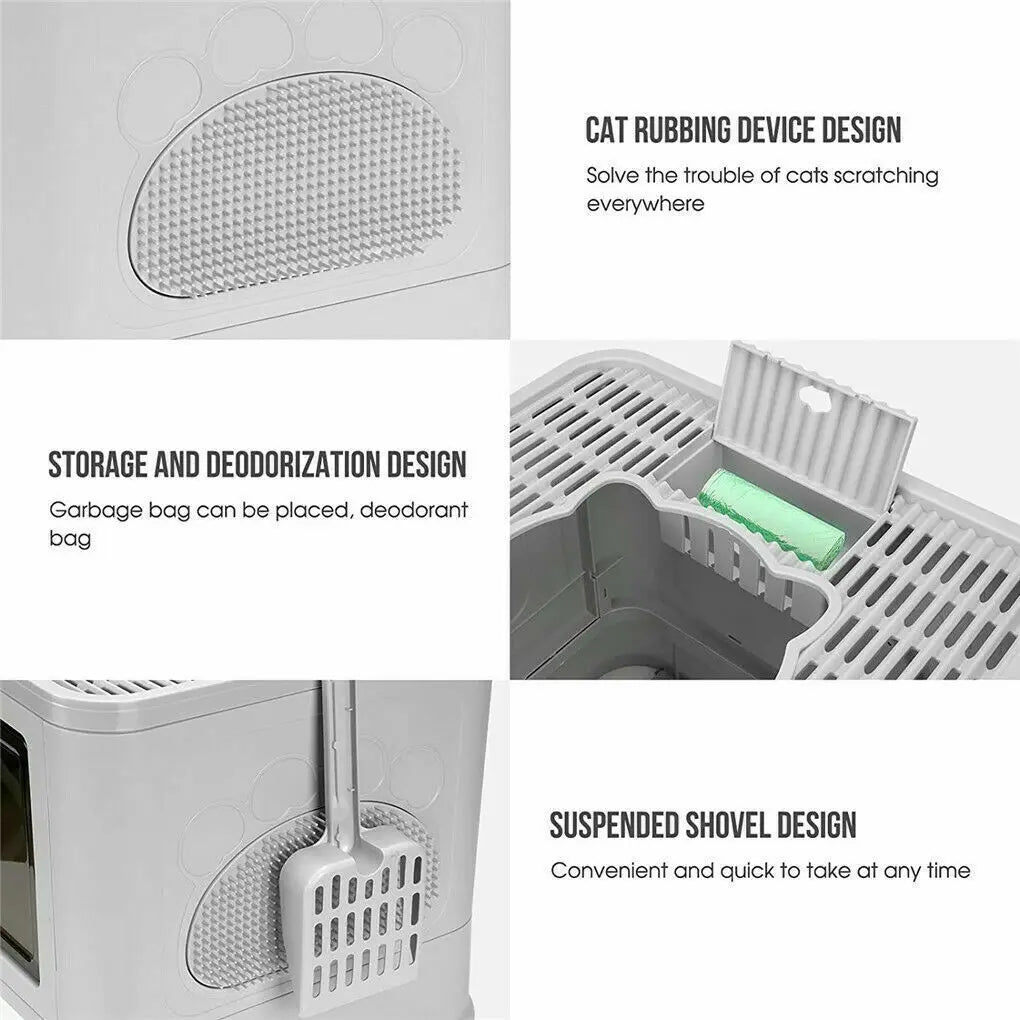 Four-panel image of the Purrfect Foldable Litter Solution by KittyNook Cat Co. with rubbing device, storage, deodorizer & shovel holder.