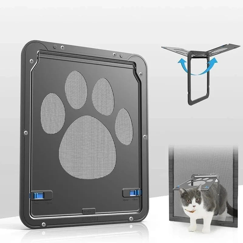 KittyNook Cat Co. Magnetic Lockable Pet Screen Door, 4-way lock, shown open/closed with cat using it.