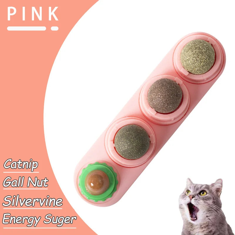 KittyNook Cat Co. All Natural Catnip Lick Bar with four flavors beside an excited cat.