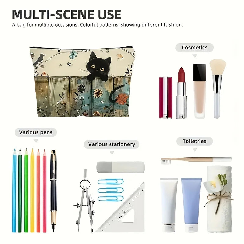 The Vintage Floral Kitty Makeup Pouch by KittyNook Cat Co. holds cosmetics, pens, and toiletries on a white background.