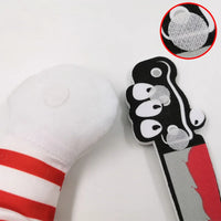 Thumbnail for KittyNook Cat Co. Halloween Cosplay Costumes Kitten Jumpsuits with plush hand and Velcro toy knife for playful dress-up.