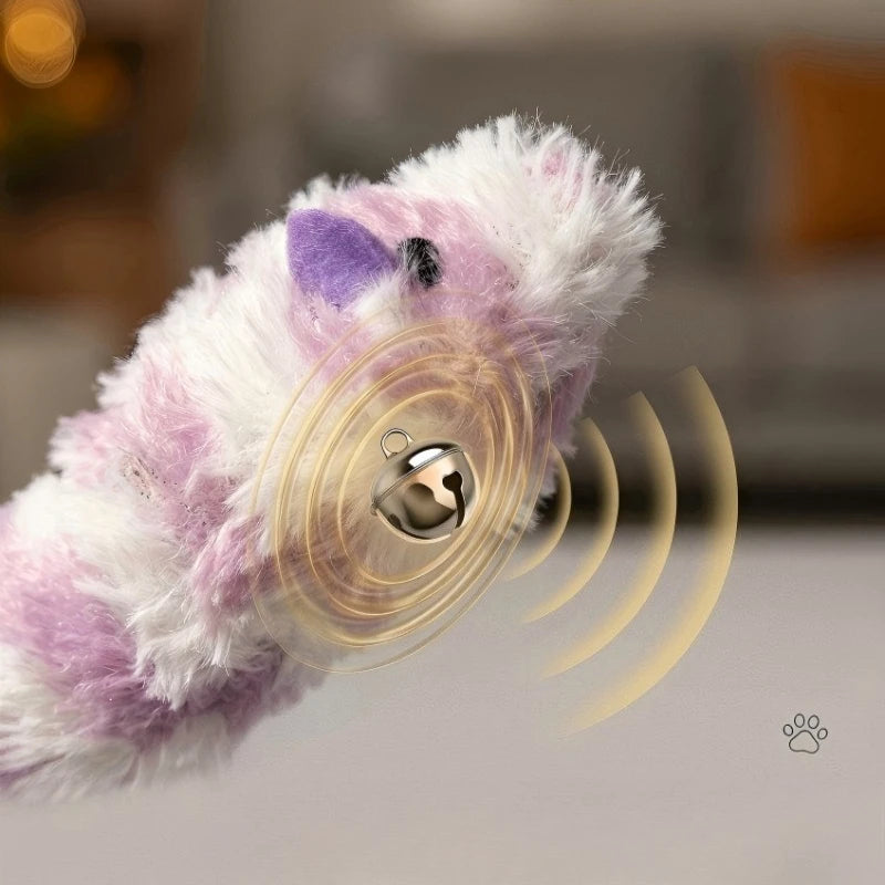 KittyNook Cat Co.’s Interactive Mouse Chase Toy for Cats, purple-themed with a bell, shown in close-up.