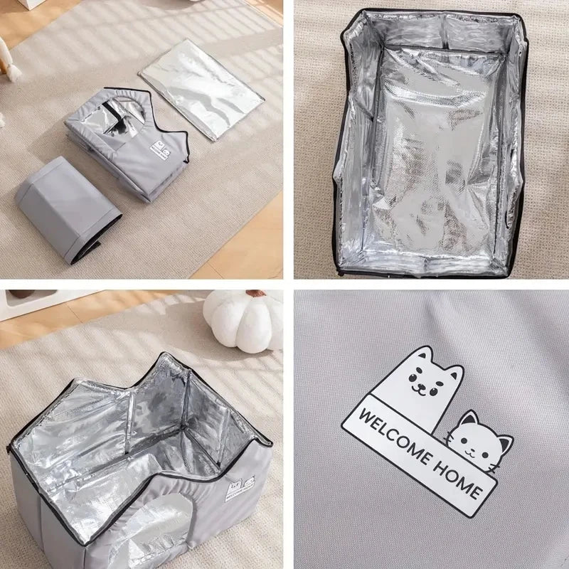 KittyNook Cat Co.'s Portable Pet Cooling House has a silver insulated lining and a “Welcome Home” label with cartoon pets.