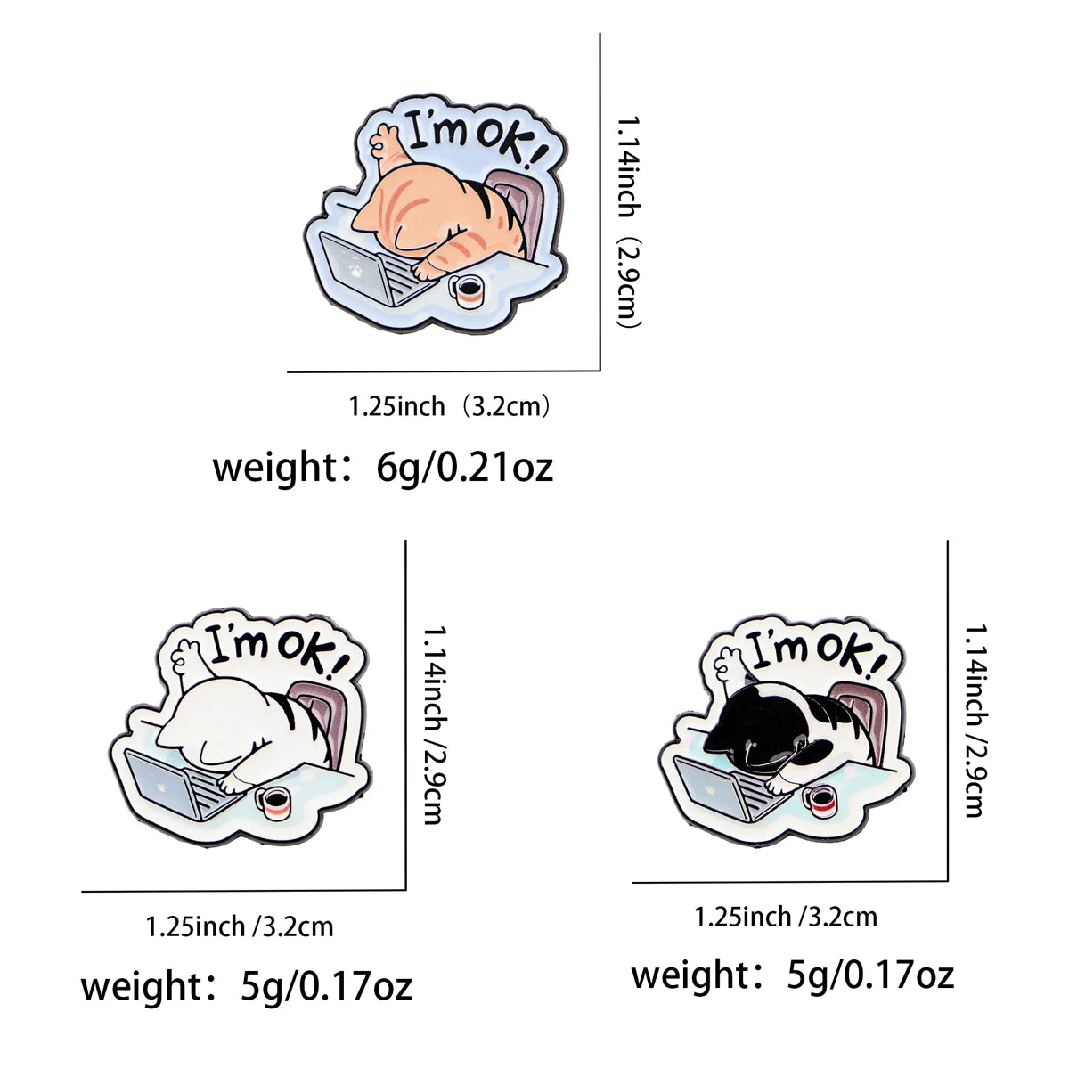 Cat at Work Enamel Brooch Pins by KittyNook Cat Co.—fun office accessories, size & weight included.