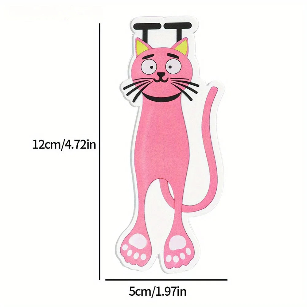 Sleek Flat Cat Acrylic Bookmark Set by KittyNook Cat Co.: 12x5cm, pink cat with big eyes and black whiskers.