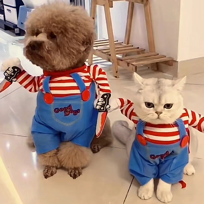 Cats and dogs wear matching KittyNook Cat Co. Halloween Cosplay Costumes Kitten Jumpsuits as Chucky.