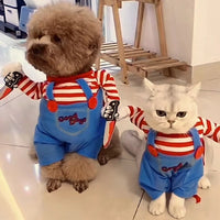 Thumbnail for Cats and dogs wear matching KittyNook Cat Co. Halloween Cosplay Costumes Kitten Jumpsuits as Chucky.