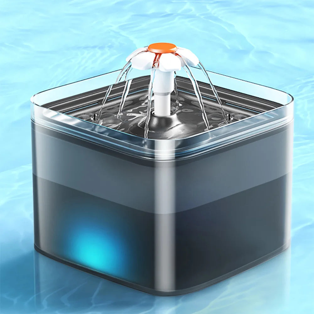 KittyNook Cat Co. LED Automatic Pet Water Dispenser with Filter, multi-streams & blue glowing base.