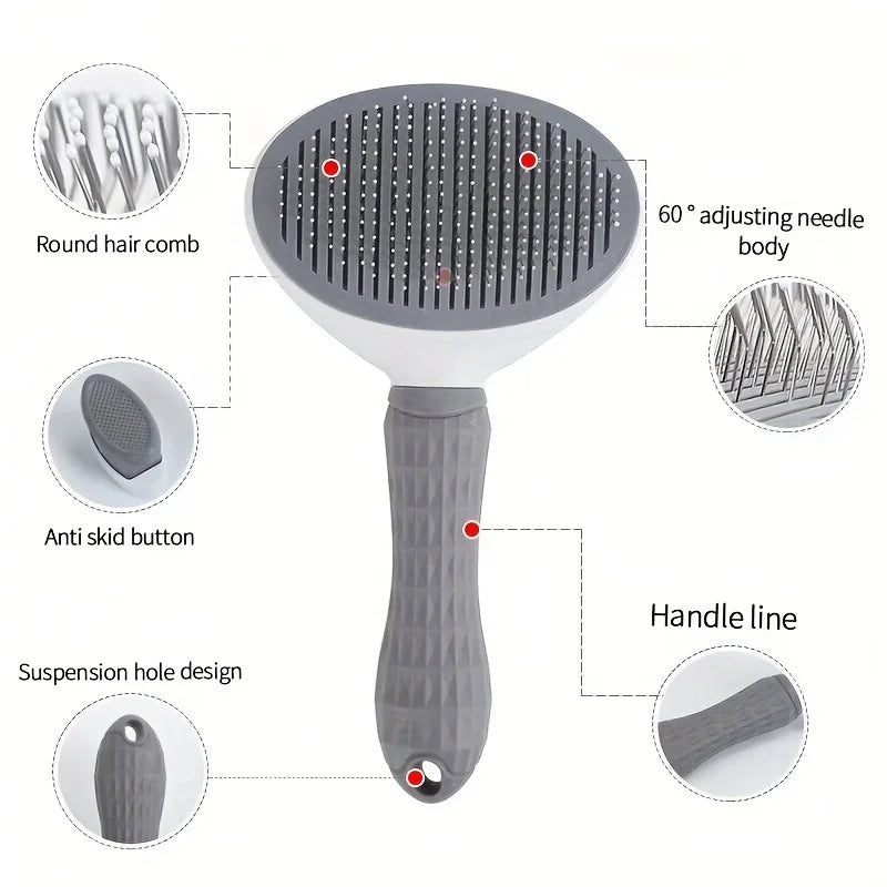 KittyNook Cat Co. Pet Grooming Brush: self-cleaning, round comb, anti-skid handle, and adjustable needle body.