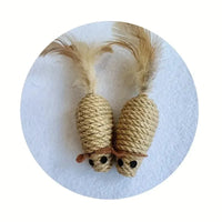 Thumbnail for Two KittyNook Sisal Fake Mouse Cat Toys with feather tails rest side by side on a white surface.