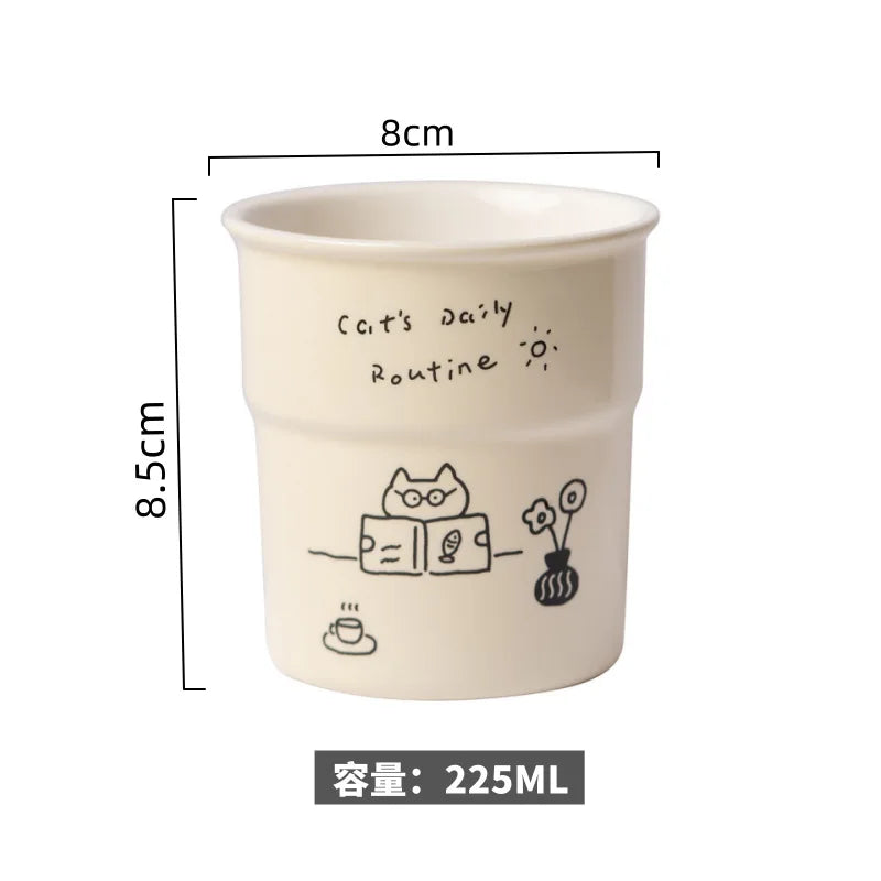 KittyNook Cat Co. Cute Illustrated Ceramic Cat Mug, 8cm x 8.5cm, 225ml, "Cat's daily Routine" cat art, cream color.