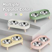 Thumbnail for The Dopamine DuoLift Colorful Cat Feeder by KittyNook Cat Co. features pastel wooden legs and stainless steel bowls.