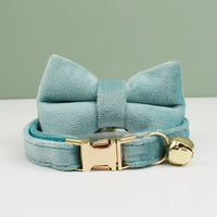 Thumbnail for KittyNook Cat Co. Velvet Cat Collar: luxuriously soft with gold buckle and bell, purrfect on pale green.