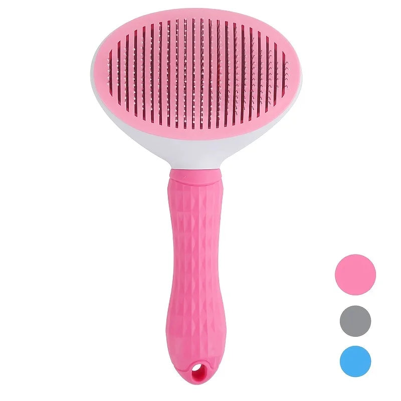 KittyNook Cat Co. Pet Grooming Brush with self-cleaning design, metal bristles; pink, gray, or blue options available.
