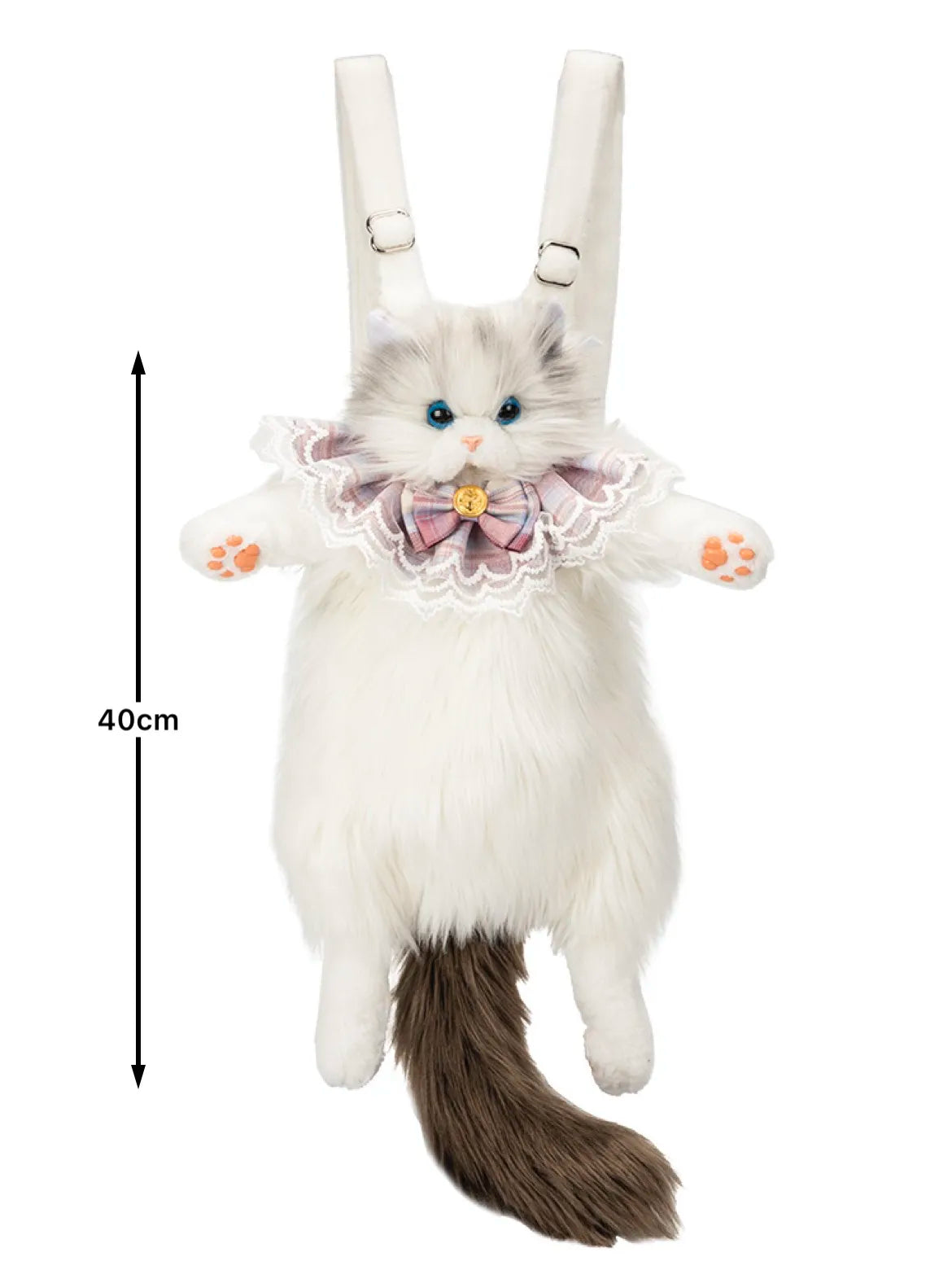 The Purrfect Cat Lover’s Bag by KittyNook Cat Co.: white plush cat backpack, blue eyes, pink collar, 40cm tall.