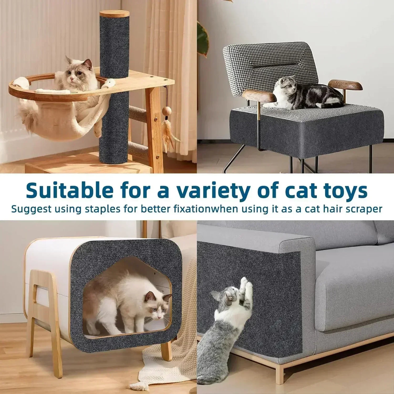 Four cats enjoy KittyNook Cat Co.’s Self-Adhesive Cat Scratching Board, plus tips on toy suitability and installation.