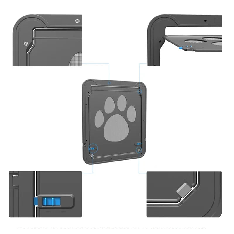 KittyNook Cat Co. Magnetic Lockable Pet Screen Door with paw print, lock switch, frame, and locking system diagram.