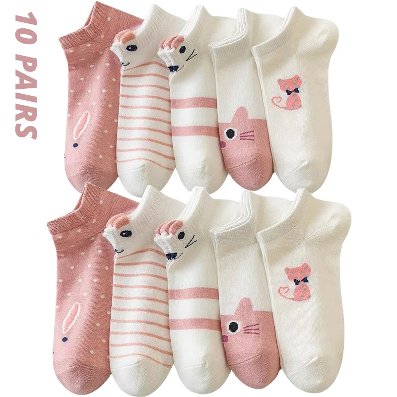 Ten pairs of KittyNook Cat Co. Sweet Kitty Pink Short Tube Socks with cute cat and striped animal designs in pink and white.