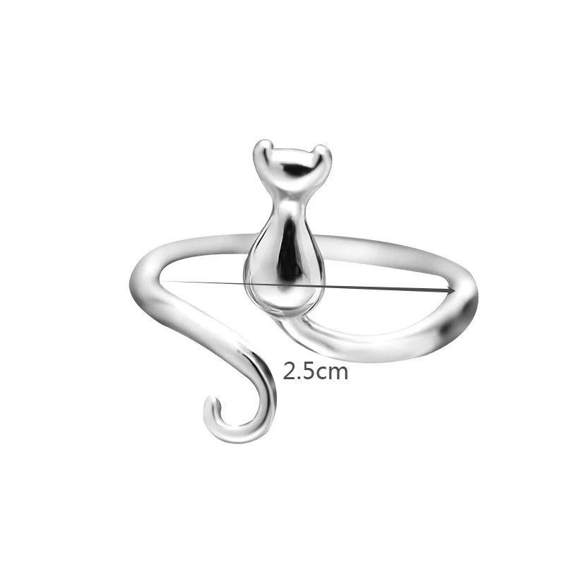 KittyNook Cat Co. Cute Adjustable Silver Cat Ring: minimalist style, curled tail, 2.5 cm from head to tail.
